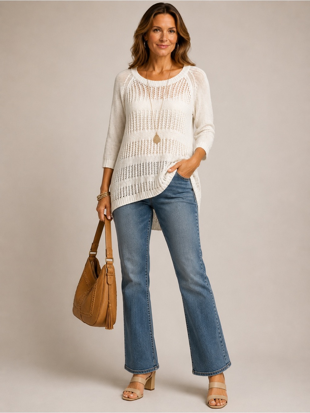 Laura -Lightweight Cream Open-Knit Lined Scoop Neck Sweater - SzS - Picture 3 of 13